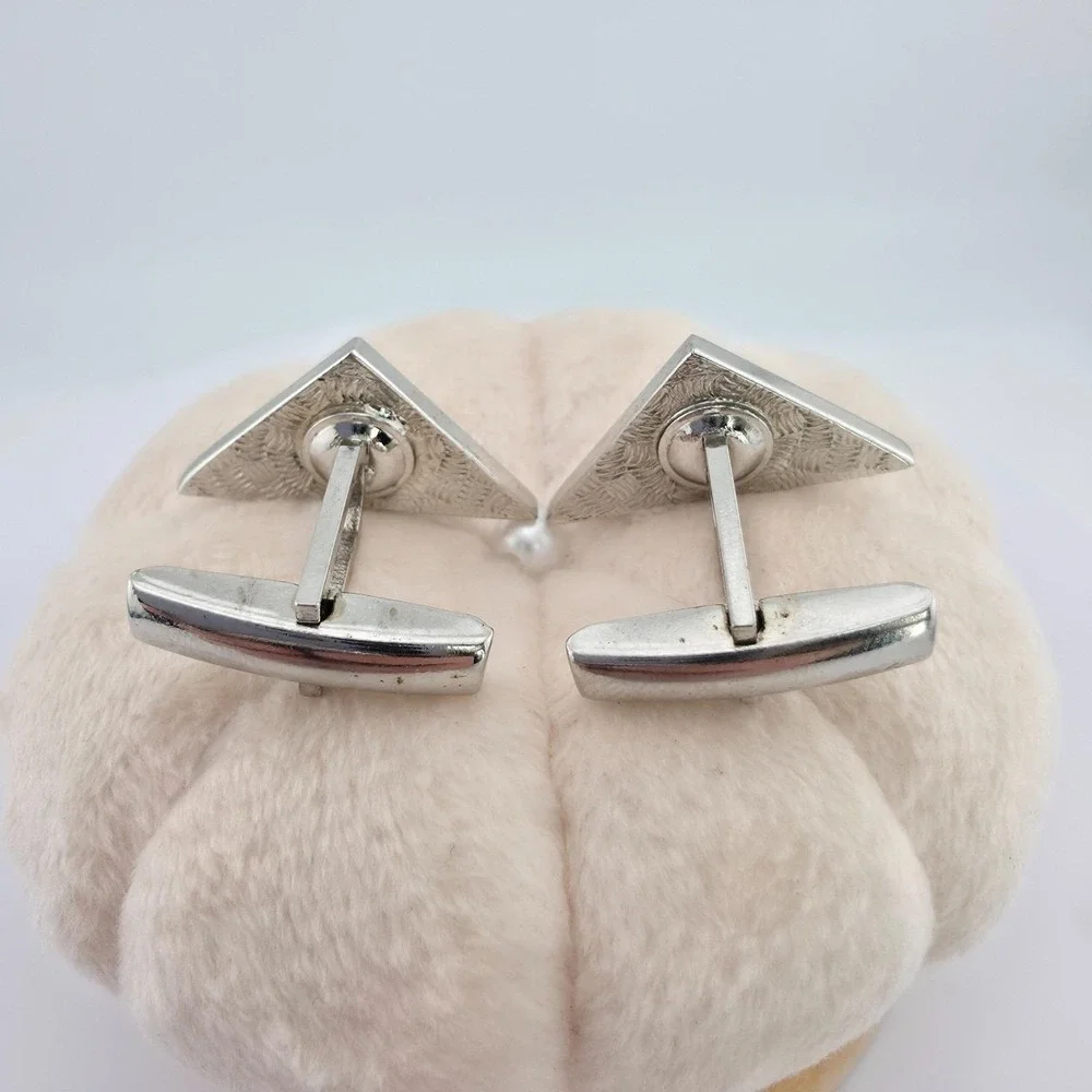 Vtg Triangular Cufflinks 3D Geometric Pattern Black Champlevé Enamel Silver Tone